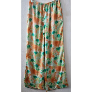 Urban Outfitters Jenna Printed Satin Pull On Pants M Orange Green Floral Hippie
